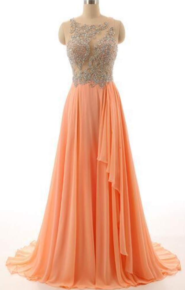 Sexy Prom Dresssleeveless Chiffon Prom Dress Peach Color Prom Dressesbeaded Evening Dress 