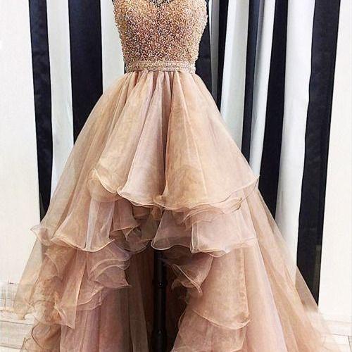 Luxury Prom Dress, Sexy Prom Dresses, Backless Prom Dresses, High Low Tulle Evening Dress, New